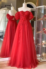 Load image into Gallery viewer, Red Prom Dress 2024 Off the Shoulder Tulle Lace Appliques