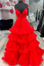 Load image into Gallery viewer, Red Prom Dress 2024 Spaghetti Straps V Neck Tiered Tulle