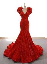 Load image into Gallery viewer, Red Prom Dress 2024 V Neck Sleeveless Sequin Mermaid