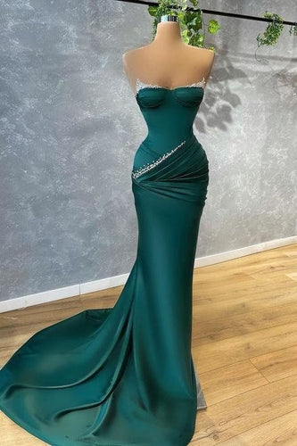 Dark Green Prom Dress 2024 V Neck Satin Mermaid