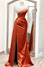 Load image into Gallery viewer, Burnt Orange Prom Dress 2024 Off the Shoulder Satin with Slit Long Sleeves