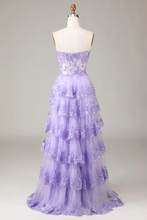 Load image into Gallery viewer, Pretty Prom Dress 2024 Lilac Strapless Tiered Tulle Sequined
