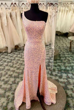 Load image into Gallery viewer, Pink Prom Dress 2024 One-shoulder Sequin Mermaid