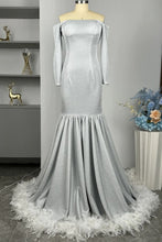 Load image into Gallery viewer, Silver Prom Dress 2024 Off the Shoulder Mermaid Long Sleeves