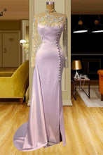 Load image into Gallery viewer, Purple Prom Dress 2024 High Neck Satin with Long Sleeves Buttons