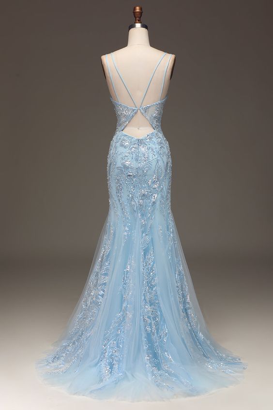 blue prom dresses 2024 Sky Blue Prom Dress 2024 Spaghetti Straps Lace Appliques with Slit – AnnaCustomDress
