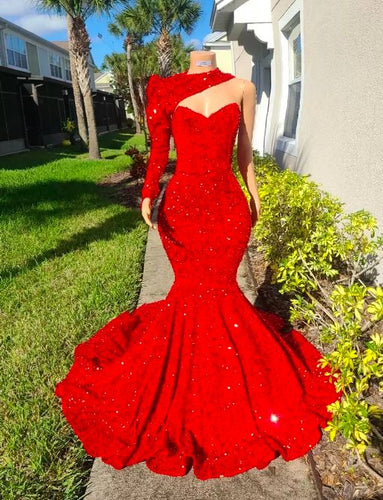 Red Prom Dress 2024 One-shoulder Sequin Long Sleeve