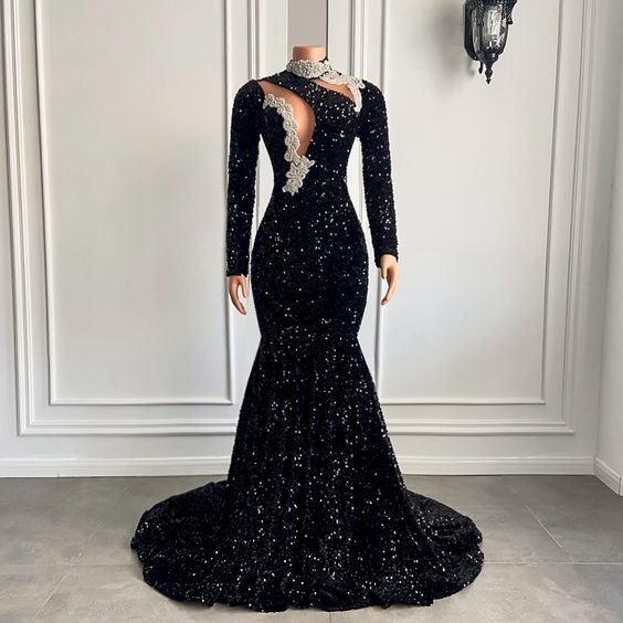 Black Prom Dress 2024 High Neck Sequin Long Sleeves – AnnaCustomDress