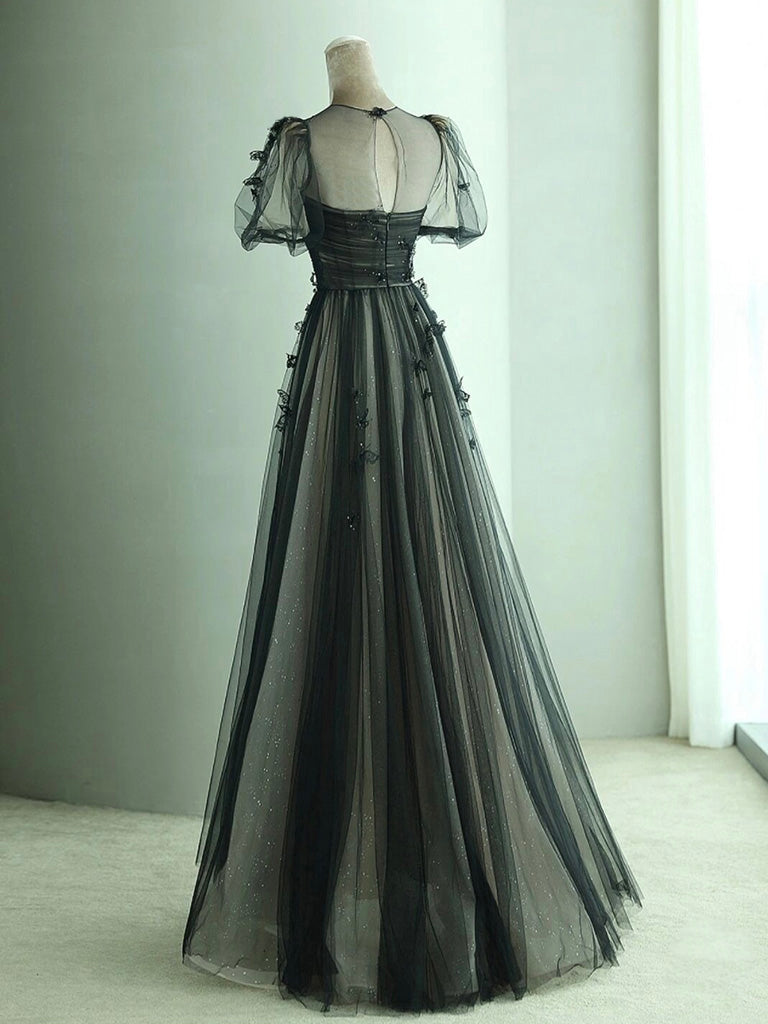 Black Prom Dress 2024 Illusion Neck Tulle Beaded Pleats 6 / Custom Color