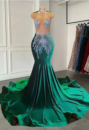 Black Girl Prom Dress 2024 Illusion Neck Satin Mermaid Beaded