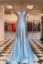 Load image into Gallery viewer, Light Blue Prom Dress 2024 Halter Neck Satin Mermaid