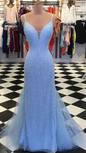 Load image into Gallery viewer, Light Blue Prom Dress 2024 Spaghetti Straps Sequin Tulle