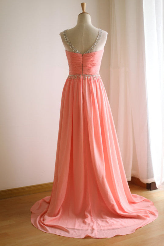 Coral Prom Dress 2024 Elegant Sleeveless Beaded Chiffon 4 / Blue