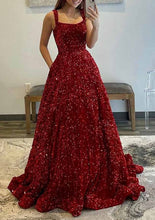 Load image into Gallery viewer, Red Prom Dress 2024 Square Neck Sleeveless Sequin