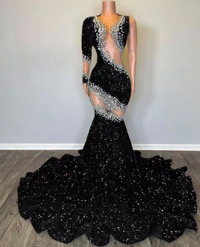 Black Prom Dress 2024 One-shoulder Sequin Crystal Long Sleeve