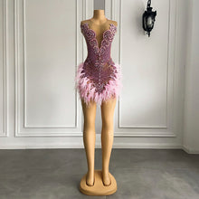 Load image into Gallery viewer, Pink Luxurious Homecoming Dress 2023 Plunging Neck Sleeveless Sexy Sequin with Feathers