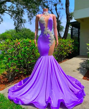 Load image into Gallery viewer, Purple Prom Dress 2024 Halter Neck Beaded Satin Mermaid
