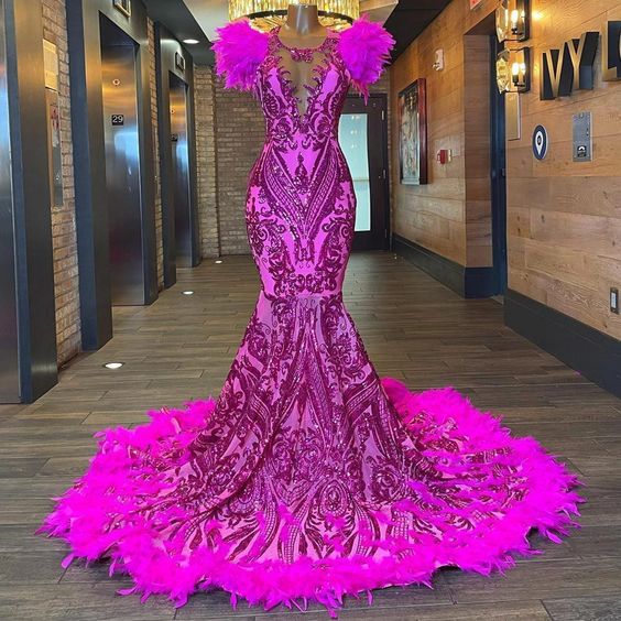 Hot Pink Prom Dress 2025 V Neck Sequin with Feathers AnnaCustomDress