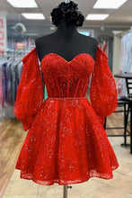 Load image into Gallery viewer, Red Homecoming Dress 2023 Off the Shoulder Sequin with Long Sleeves