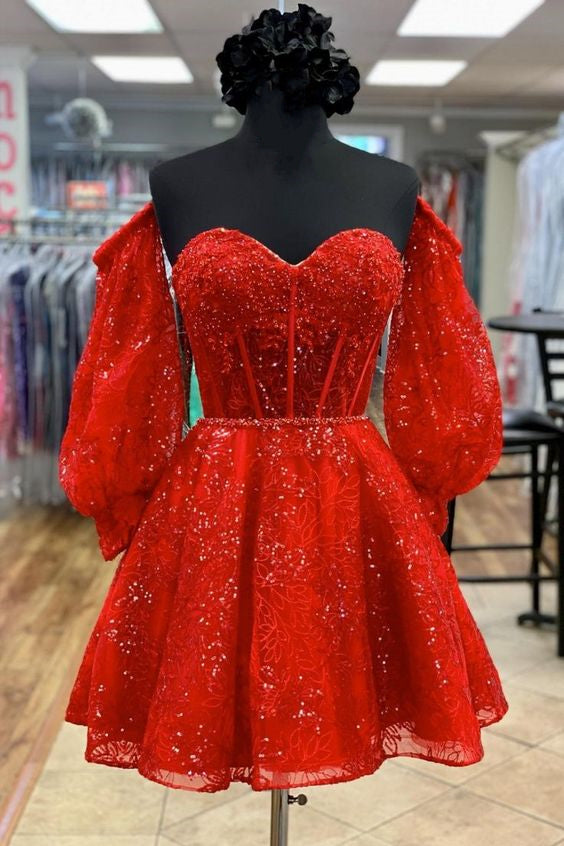Red Homecoming Dress 2023 Off the Shoulder Sequin with Long Sleeves 24W / Blue