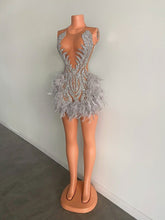 Load image into Gallery viewer, Luxurious Sliver Homecoming Dress 2023 Plunging Neck Sleeveless Sexy Sequin with Feathers