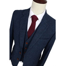 Load image into Gallery viewer, Men's Suits 3 PCS Lapel Wool Blended Navy Herringbone Gentleman Suits Jacket+Pants+Vest