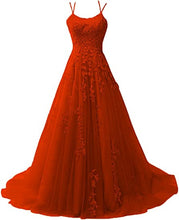 Load image into Gallery viewer, Tangerine Prom Dress 2023 Spaghetti Straps Lace Appliques Tulle Corset Back