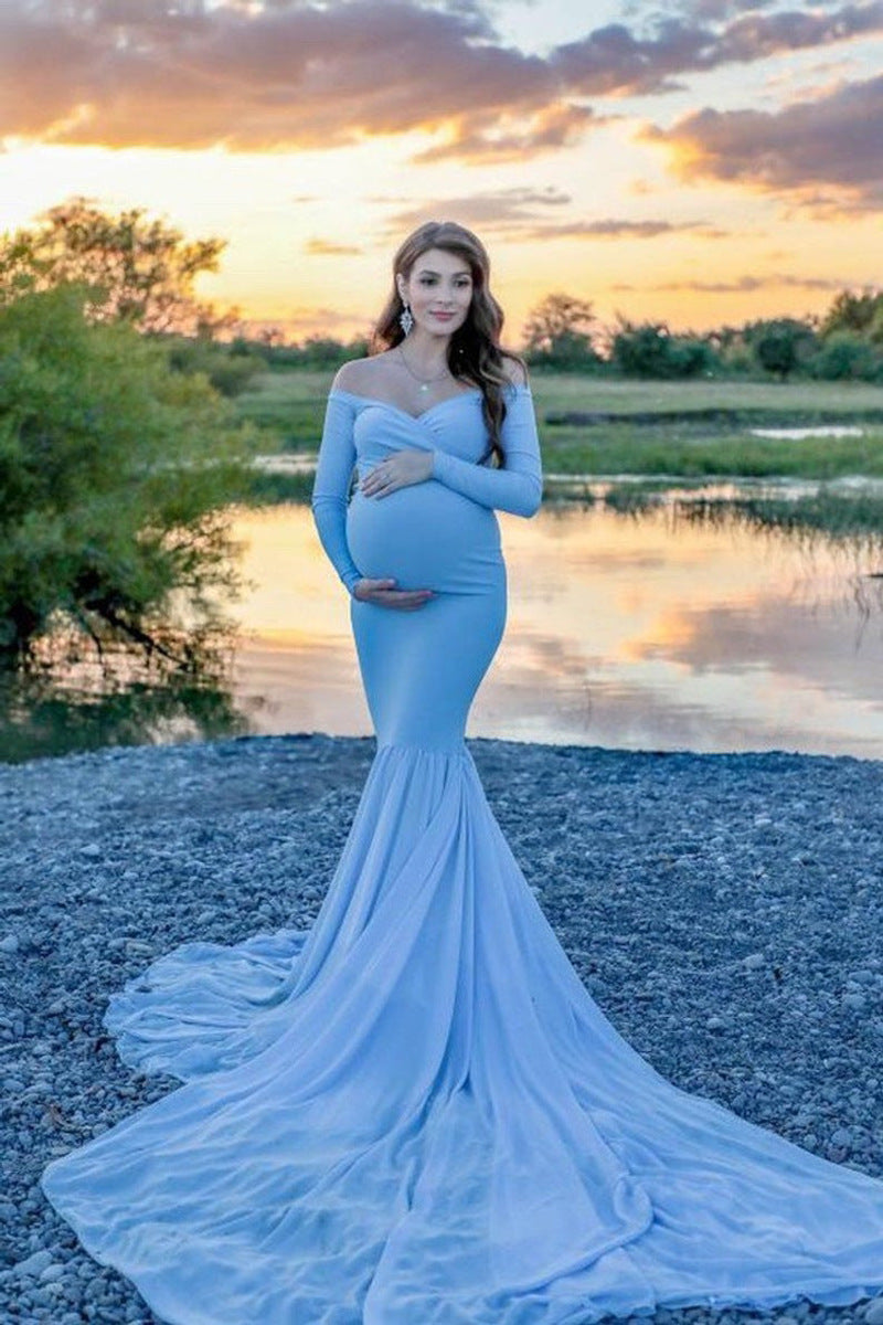 Cotton Mermaid Maternity Photography Dresses Off The Shoulder Long Sle – AnnaCustomDress