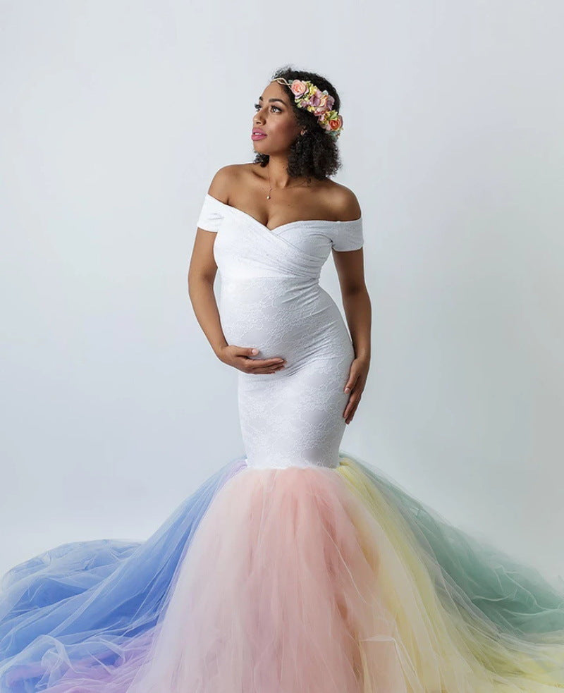 plus size mermaid maternity dress Off Shoulder Maternity Summer Dress with Mermaid Hem Pregnancy Skirt, White / S