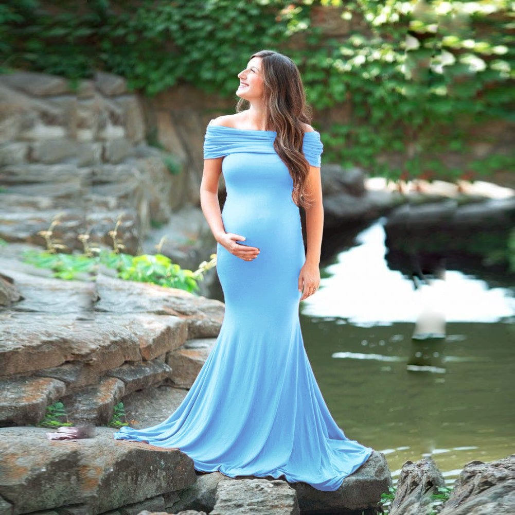 Cotton Mermaid Pregnant Photography Dresses Boat Neck Strapless 2021 L / Light Blue