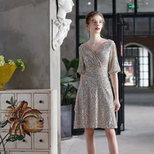 Load image into Gallery viewer, Gold Sparkly Homecoming Dresses 2021 V Neck Formal Evening Party