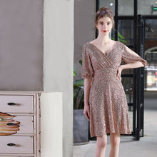 Load image into Gallery viewer, Gold Sparkly Homecoming Dresses 2021 V Neck Formal Evening Party