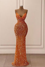 Load image into Gallery viewer, Orange Prom Dress 2023 Sheath/Column Plunging Neck Spaghetti Straps Sequin Sparkle&Shine