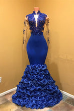 Load image into Gallery viewer, Royal Blue Prom Dress 2023 Mermaid V Neck Illusion Sleeves Jersey Rose Fabric