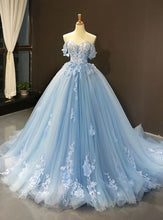 Load image into Gallery viewer, Prom Dress 2022 Ball Gown Blue Tulle Floral Details Off-the-shoulder