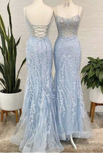 Load image into Gallery viewer, Prom Dress 2023 Elegant Mermaid/Trumpet Spaghetti Straps Crisscross Back Lace with Appliques
