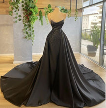 Load image into Gallery viewer, Prom Dress 2022 Black Satin with Long Train