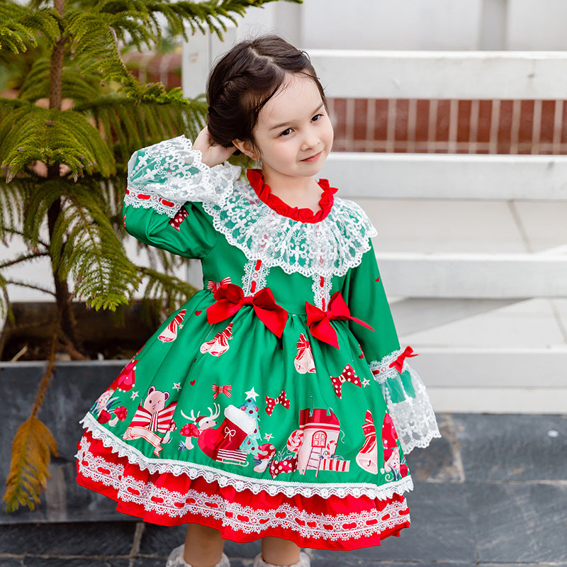 Christmas Green Long Sleeves Spanish Frilled with Lace Bow(s) Girls Lolita Dress Green / 100 Christmas Green Long Sleeves Spanish Frilled with Lace Bow(s) Girls Lolita Dress Green / 100
