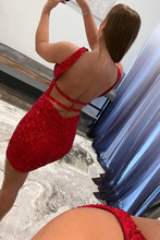 Load image into Gallery viewer, Orange Homecoming Dress 2022 Bodycon Short Halter Neck  Backless Sleeveless With Sequin