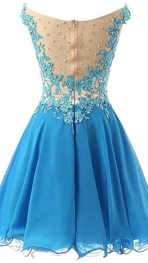 Freshman Homecoming Dress 2021 A Line Cap Shoulder Chiffon Short / Mini Summer 6 / Blue Freshman Homecoming Dress 2021 A Line Cap Shoulder Chiffon Short / Mini Summer 6 / Blue