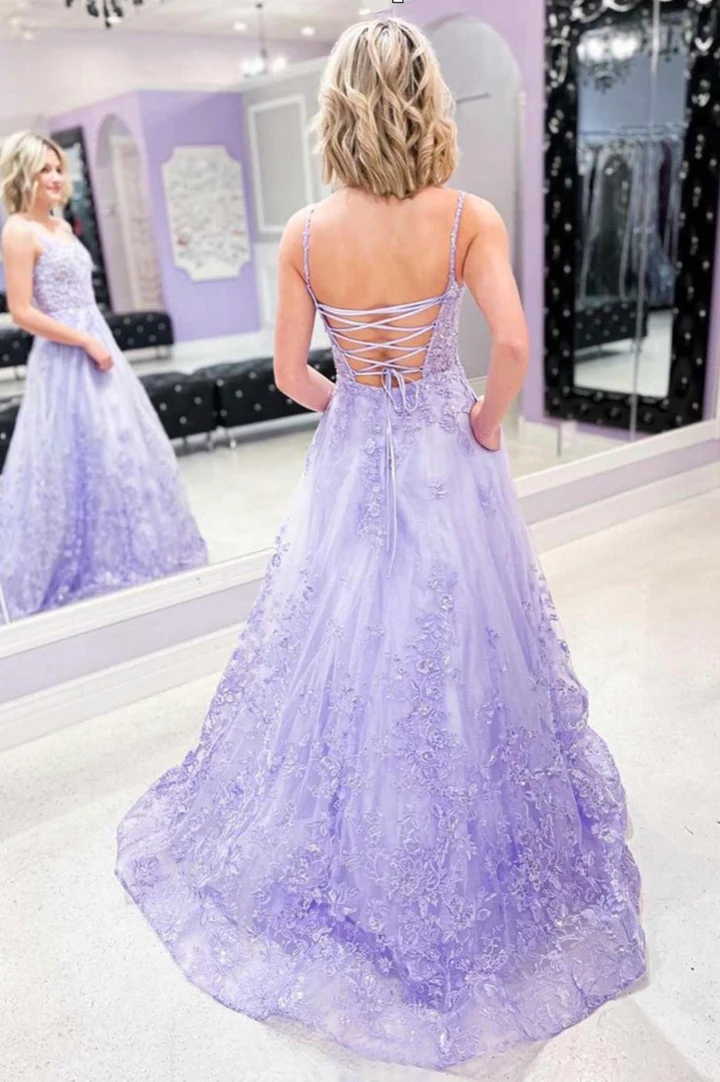 Lilac Floral Prom Dress 2023 Spaghetti Straps Corset Back Tulle AnnaCustomDress Lilac Floral Prom Dress 2023 Spaghetti Straps Corset Back Tulle AnnaCustomDress