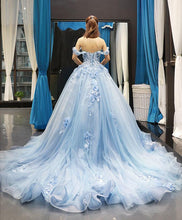 Load image into Gallery viewer, Prom Dress 2022 Ball Gown Blue Tulle Floral Details Off-the-shoulder