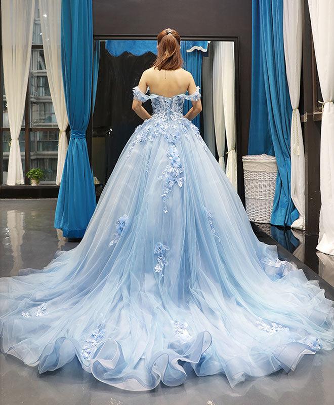 Prom Dress 2022 Ball Gown Blue Tulle Floral Details Off-the-shoulder AnnaCustomDress Prom Dress 2022 Ball Gown Blue Tulle Floral Details Off-the-shoulder AnnaCustomDress