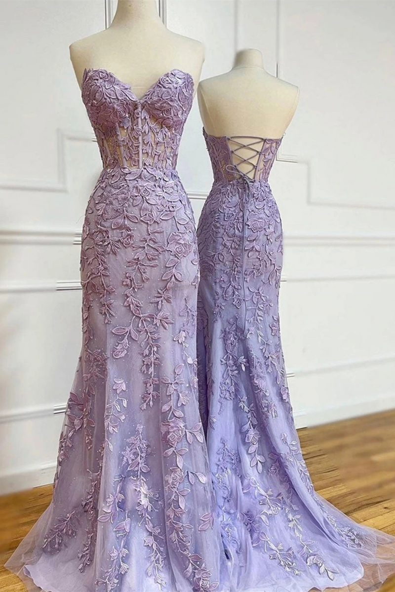 strapless prom dress purple Purple Tulle Long A-Line Prom Dress, Purple Strapless Evening Party Dr