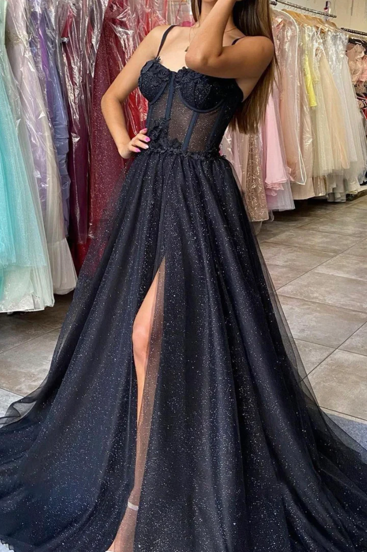 Black Prom Dress 2023 Spaghetti Straps Tulle with Slit 14 / Blue Black Prom Dress 2023 Spaghetti Straps Tulle with Slit 14 / Blue