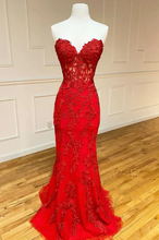 Load image into Gallery viewer, Red Prom Dress 2023 Strapless with Lace Appliques Corset Back