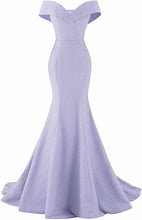 Load image into Gallery viewer, Mermaid/Trumpet Elegant Prom Dress 2023 Off Shoulder V Neck Short Sleeves Tie Back with Pleats