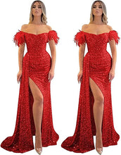 Load image into Gallery viewer, Mermaid/Trumpet Prom Dress 2023 Off Shoulder Short Sleeves Sequined with Slit Sparkle&Shine