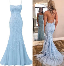 Load image into Gallery viewer, Mermaid/Trumpet Prom Dress 2023 Spaghetti Straps Boat Neckline Corset Back Lace Tulle with Appliques