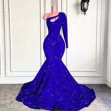 Load image into Gallery viewer, Mermaid/Trumpet Prom Dress 2023 Royal Blue One-Shoulder Long Sleeves Hollow Sequin Sparkle&Shine